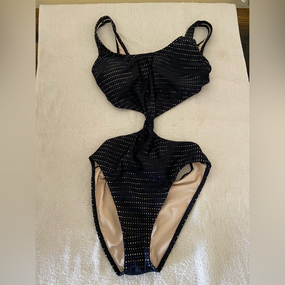 Navy and Beige One piece Swim with Cutout Design